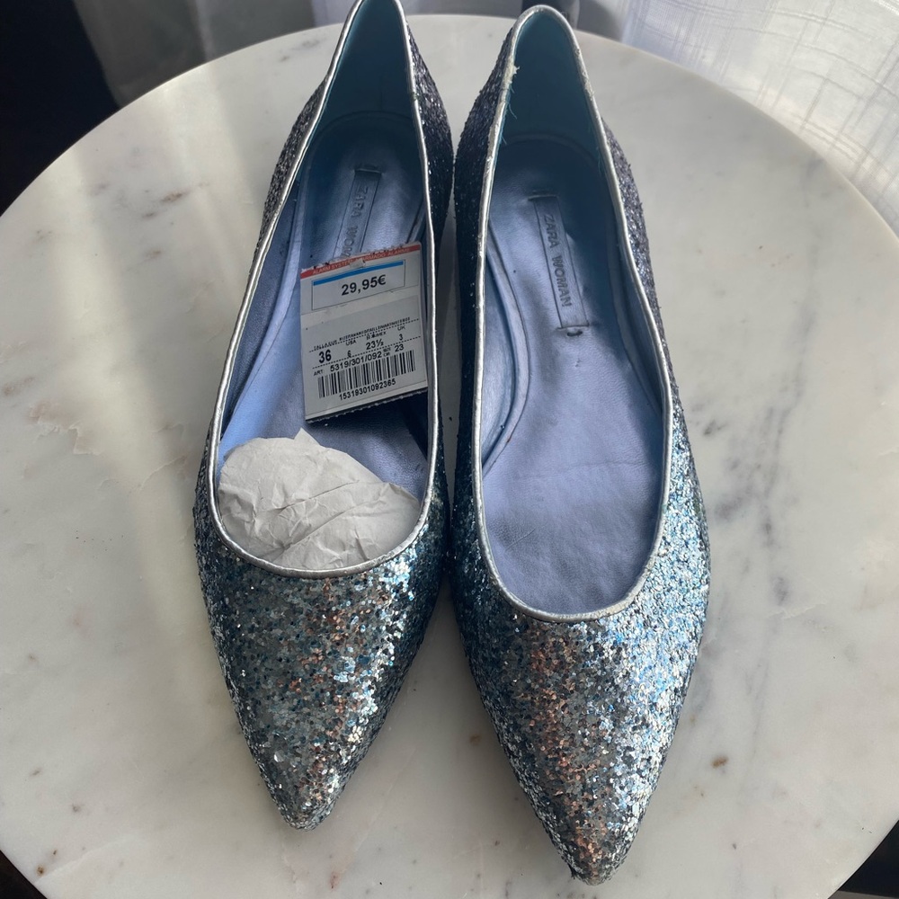 Zara Shimmering Silver and Blue Flats